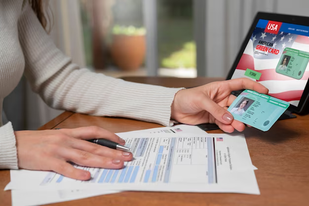 A girl fills out documents holding a card in her hands